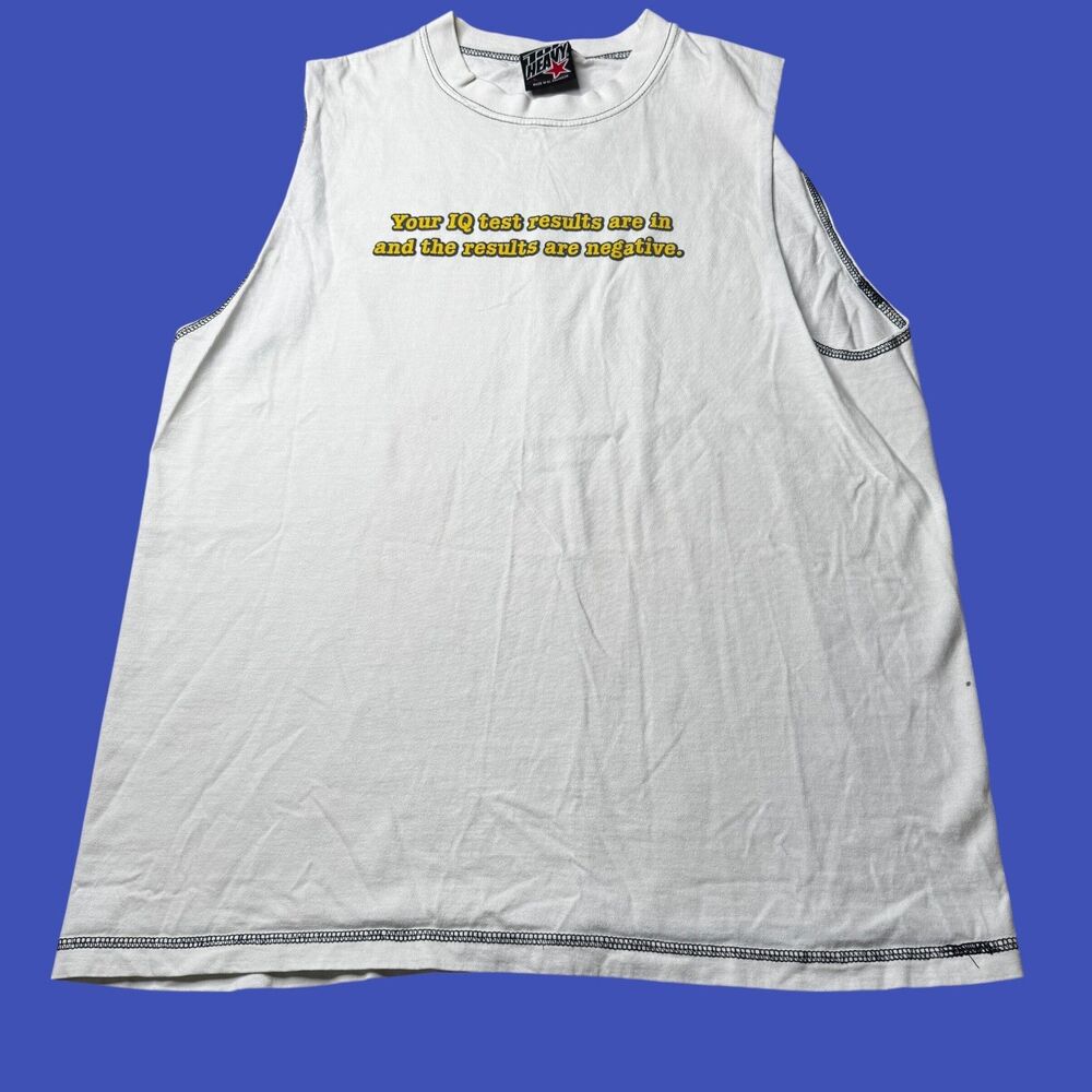 Vintage Top Heavy “Your IQ” Y2K Tank Top Men’s L White Yellow Sleeveless